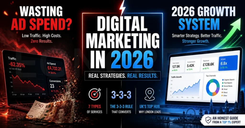 Digital marketing services in 2026 concept showing a laptop with 7 types of online marketing icons, including SEO, content marketing, and analytics, set against a London skyline.